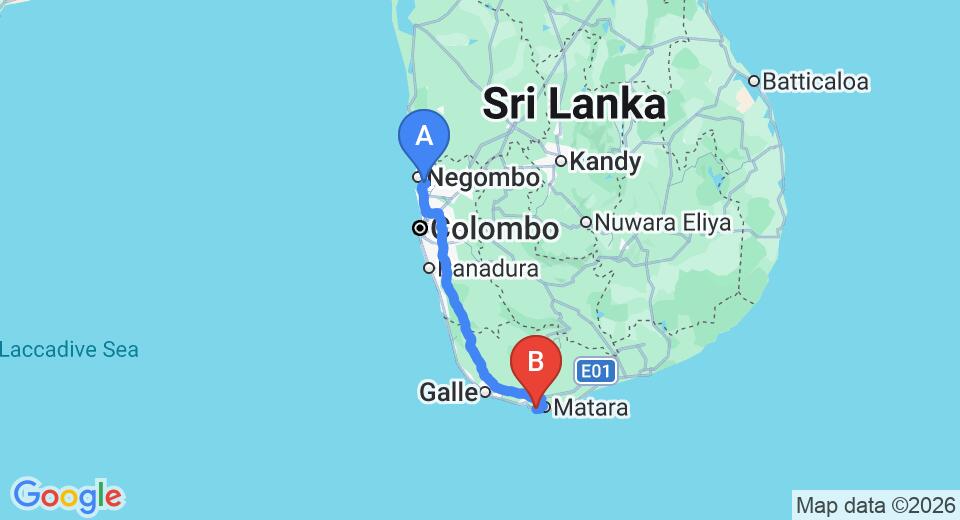 Driving route map: Colombo Airport (CMB) to Imagine Villa Hotel, Mirissa (187 km, approx 2 h 37 min private transfer)