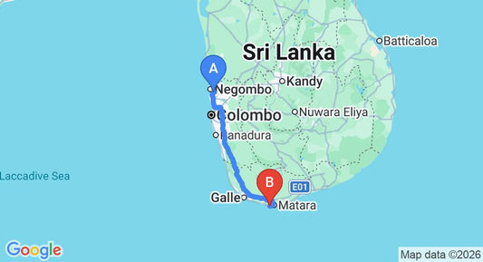 Driving route map: Colombo Airport (CMB) to Imagine Villa Hotel, Mirissa (187 km, approx 2 h 37 min private transfer)