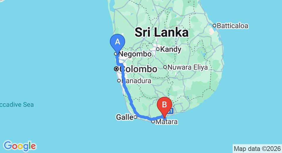 Driving route map: Colombo Airport (CMB) to Walatta House, Tangalle (214 km, approx 2 h 57 min private transfer)