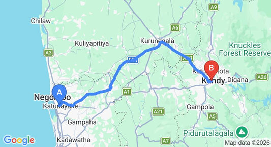 Driving route map: Colombo Airport (CMB) to Samantha's Villa , Kandy (112 km, approx 2 h 46 min private transfer)