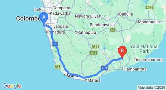 Driving route map: Ratmalana (RML) Airport to Mattala (HRI) Airport (215 km, approx 2 h 56 min private transfer)