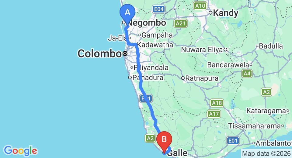 Driving route map: Colombo Airport (CMB) to Fort Bazaar, Galle (153 km, approx 2 h 13 min private transfer)