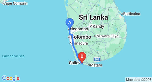 Driving route map: Colombo Airport (CMB) to Hotel Horizon, Habaraduwa (157 km, approx 2 h 19 min private transfer)