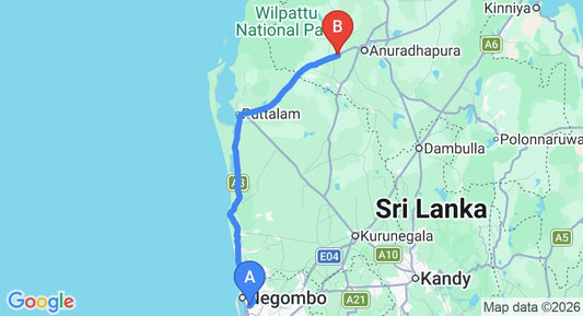 Driving route map: Colombo Airport (CMB) to Forest Rock Garden Resort, Anuradhapura (164 km, approx 3 h 43 min private transfer)