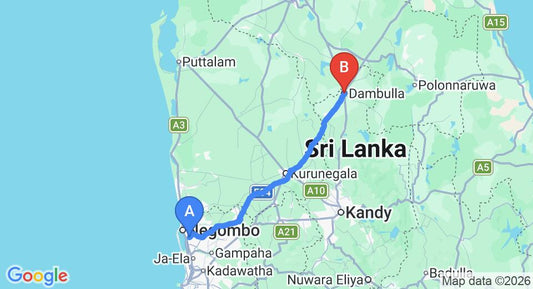 Driving route map: Colombo Airport (CMB) to Sunflower Inn, Dambulla (129 km, approx 2 h 47 min private transfer)