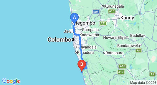 Driving route map: Colombo Airport (CMB) to Ayurveda Shunyata Villa, Induruwa (112 km, approx 1 h 46 min private transfer)