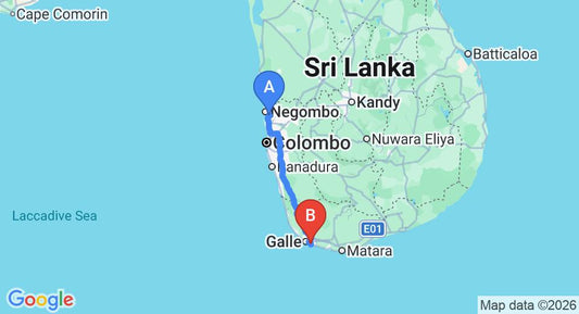 Driving route map: Colombo Airport (CMB) to Avinka Villa, Unawatuna (154 km, approx 2 h 11 min private transfer)