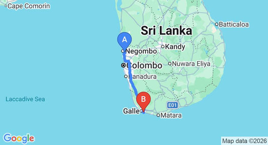 Driving route map: Colombo Airport (CMB) to The Beach Hut, Galle (153 km, approx 2 h 9 min private transfer)