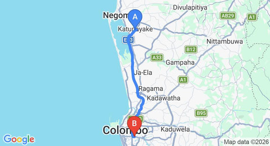 Driving route map: Colombo Airport (CMB) to Apartment Castle Street, Colombo (33 km, approx 42 min private transfer)