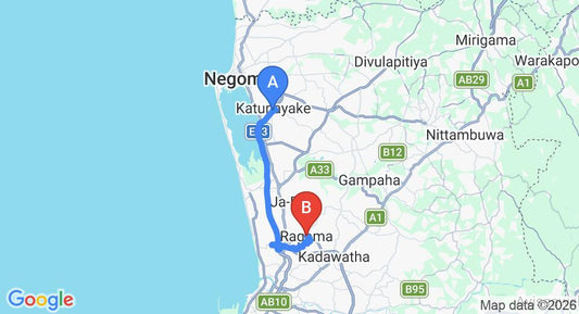 Driving route map: Colombo Airport (CMB) to Ragama (28 km, approx 41 min private transfer)