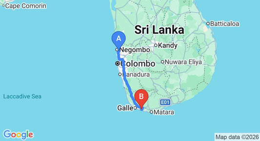Driving route map: Colombo Airport (CMB) to Joe's Bungalows koggala, Koggala (164 km, approx 2 h 20 min private transfer)