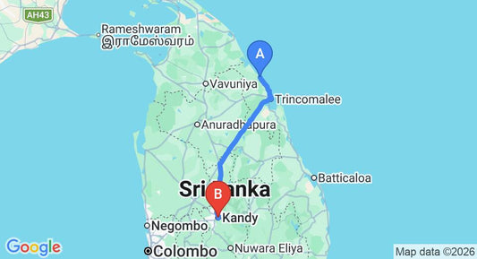Driving route map: Kuchchaveli to Kandy (210 km, approx 4 h 51 min private transfer)