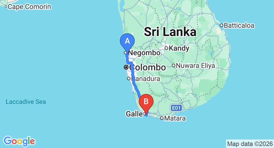 Driving route map: Colombo Airport (CMB) to Kingfisher Hotel and Restaurant, Unawatuna (153 km, approx 2 h 12 min private transfer)