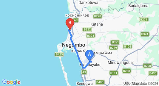 Driving route map: Colombo Airport (CMB) to Ayubowan Guest House, Negombo (13 km, approx 32 min private transfer)
