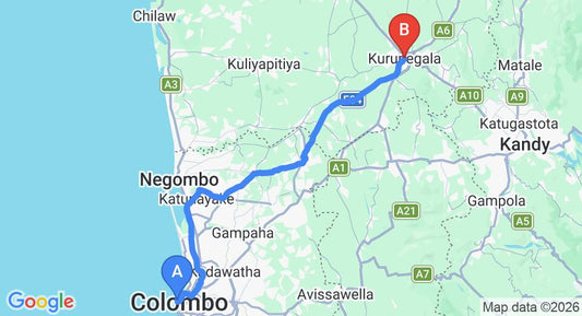 Driving route map: Colombo Seaport to Kurunegala (105 km, approx 2 h 9 min private transfer)