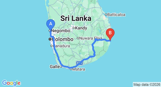 Driving route map: Colombo Airport (CMB) to Pottuvil (414 km, approx 6 h 18 min private transfer)