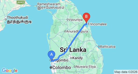 Driving route map: Colombo Airport (CMB) to Amaranthe Bay Resort and Spa, Trincomalee (238 km, approx 4 h 51 min private transfer)