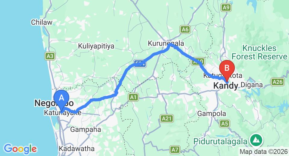 Driving route map: Colombo Airport (CMB) to Forest Glen, Kandy (112 km, approx 2 h 45 min private transfer)