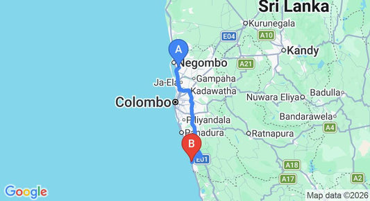 Driving route map: Colombo Airport (CMB) to Villa Velmarie Yoga and Ayurveda House, Beruwala (96 km, approx 1 h 36 min private transfer)