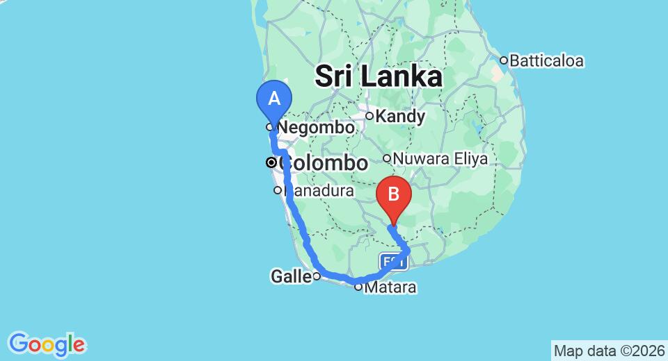 Driving route map: Colombo Airport (CMB) to Big Game Camps and Lodges Udawalawe, Udawalawe (260 km, approx 3 h 39 min private transfer)