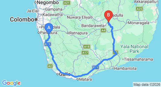Driving route map: Yala to Ella (272 km, approx 4 h 22 min private transfer)
