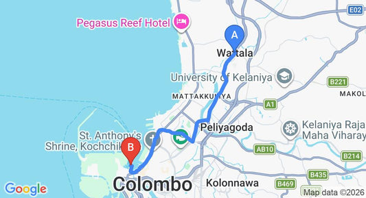 Driving route map: Wattala to Colombo Seaport (10 km, approx 22 min private transfer)