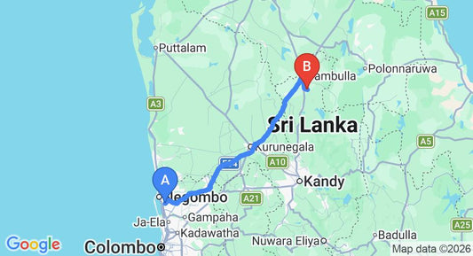 Driving route map: Colombo Airport (CMB) to Kalundewa Retreat, Dambulla (137 km, approx 3 h 0 min private transfer)