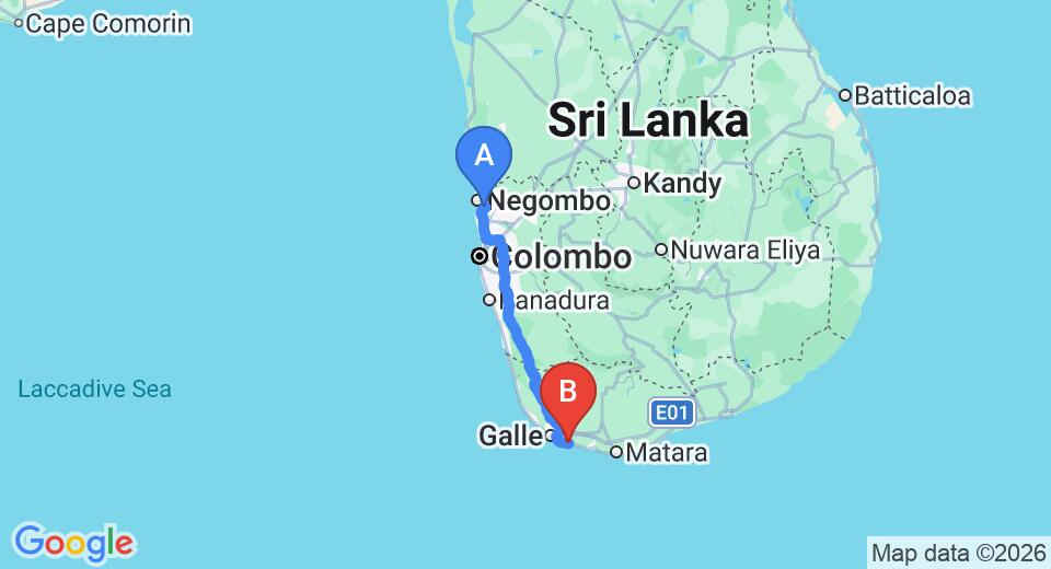 Driving route map: Colombo Airport (CMB) to Villa Saldana, Habaraduwa (159 km, approx 2 h 18 min private transfer)