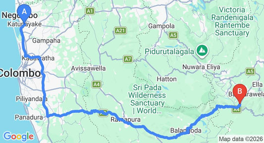 Driving route map: Colombo Airport (CMB) to Viharagala Estate Bungalow, Haputale (210 km, approx 5 h 6 min private transfer)