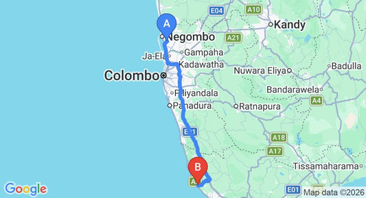 Driving route map: Colombo Airport (CMB) to Chamo Villa's, Hikkaduwa (142 km, approx 2 h 5 min private transfer)