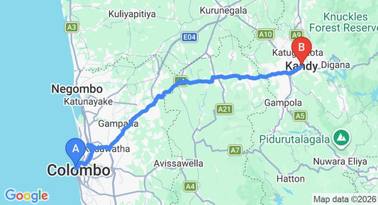 Driving route map: Colombo Seaport to Kandy (122 km, approx 3 h 23 min private transfer)
